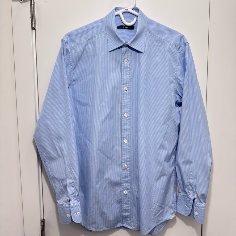 Z Zegna Dress Shirt Light Blue strip 100% cotton Men's Shirt size 39-15 ½